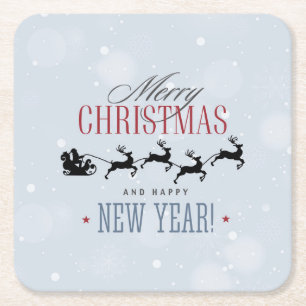 Santa and his Flying Reindeer Silhouette Christmas Square Paper Coaster