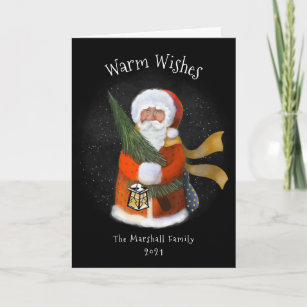 Santa and His Lantern Illustration Black Non-Photo Holiday Card