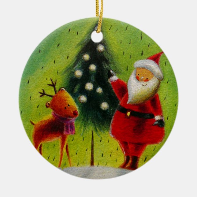 Santa and his Reindeer Ceramic Ornament (Front)