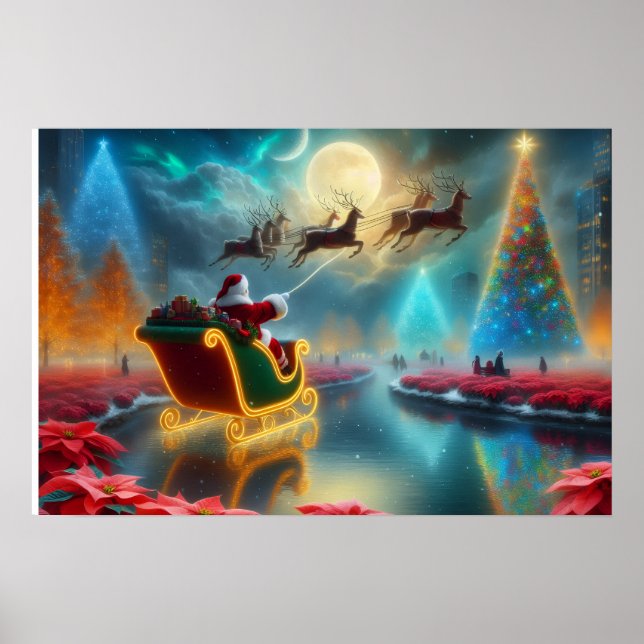 Santa and His Reindeer Flying in the Sky Poster (Front)