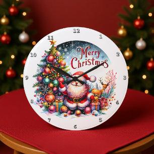 Santa and His Reindeer Friend Large Clock