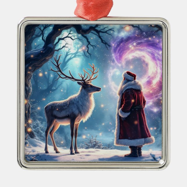 Santa and his Reindeer on Christmas Eve magic Metal Ornament (Front)
