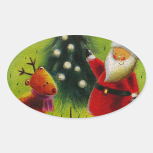 Santa and his Reindeer Oval Sticker