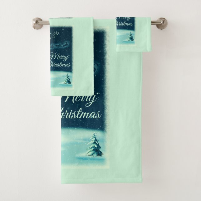 Santa and his Reindeers Christmas Night Sky Bath Towel Set (Insitu)