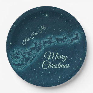 Santa and his Reindeers Christmas Night Sky Paper Plate