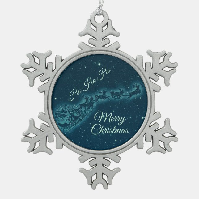 Santa and his Reindeers Christmas Night Sky Snowflake Pewter Christmas Ornament (Front)