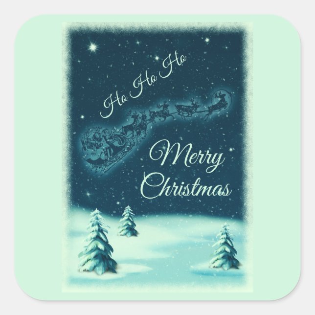 Santa and his Reindeers Christmas Night Sky Square Sticker (Front)