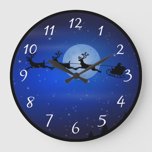 Santa and his reindeers flying at night large clock (Front)