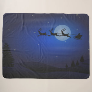 SANTA and his SLEIGH FLY PASS THE MOON Sherpa Blanket