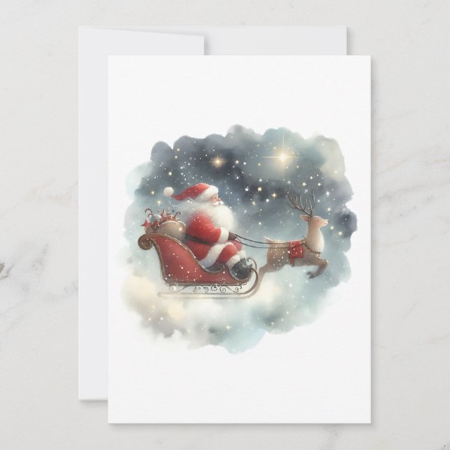Santa and His Sleigh in the Night Sky Flat Card (Front)