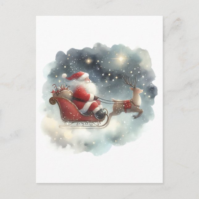 Santa and His Sleigh in the Night Sky Postcard (Front)