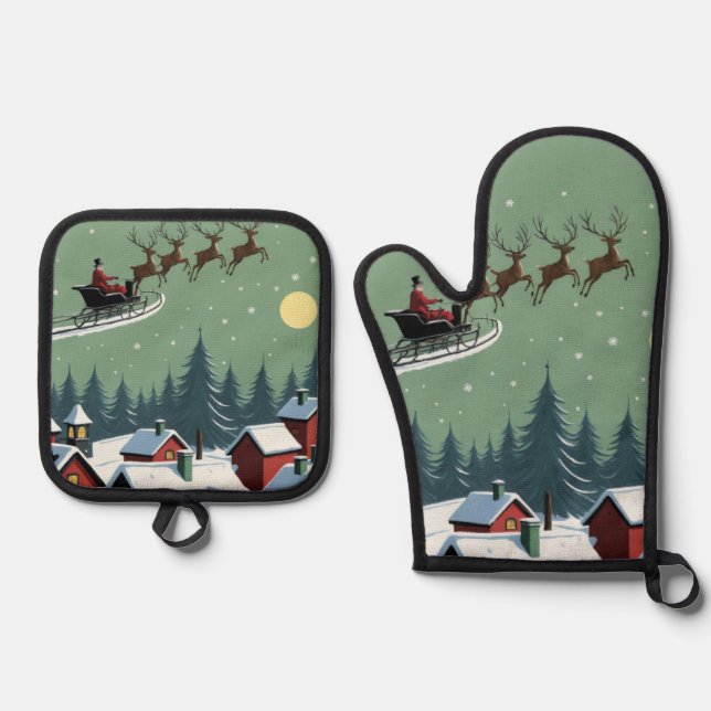 Santa and His Sleigh  Oven Mitt & Pot Holder Set (Front)