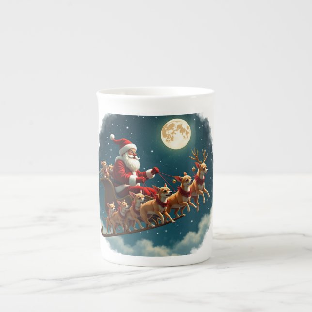 Santa And His Sleigh Pulled By Chihuahua Crew Bone China Mug (Front)