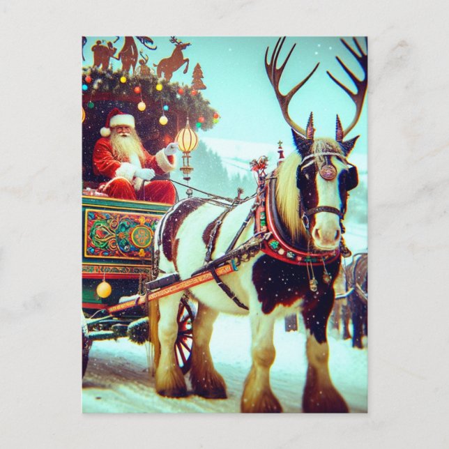Santa and His Wagon Horse With Antlers Postcard (Front)