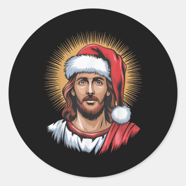 Santa And Jesus We Saw That Merry Christmas Funny  Classic Round Sticker (Front)