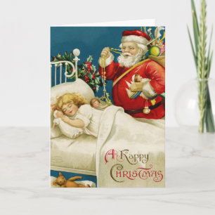 Santa and Little Sleeping Girl Christmas Holiday Card
