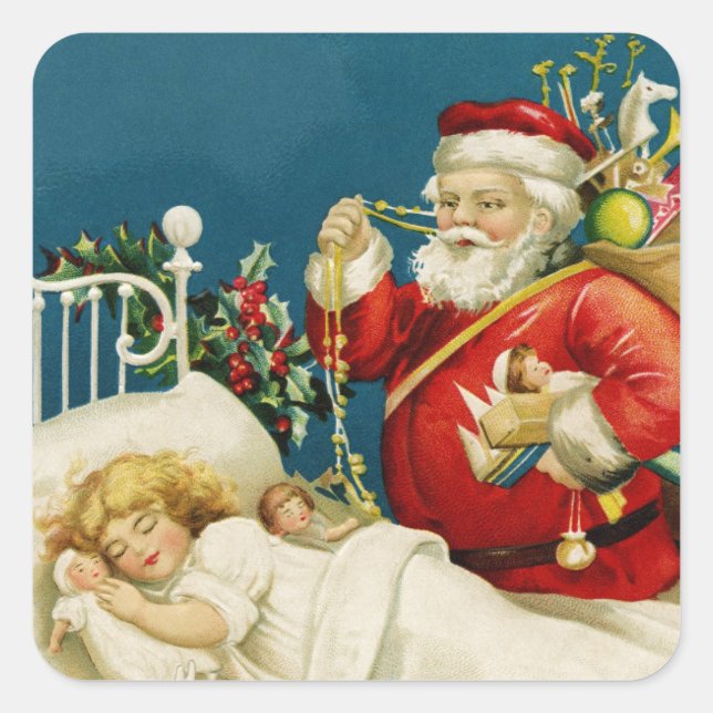 Santa and Little Sleeping Girl Christmas Square Sticker (Front)