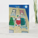 Santa and menorah holiday card<br><div class="desc">Santa delivers presents in the City by repelling down side of building past onlooking Jewish tenant with menorah in window.</div>