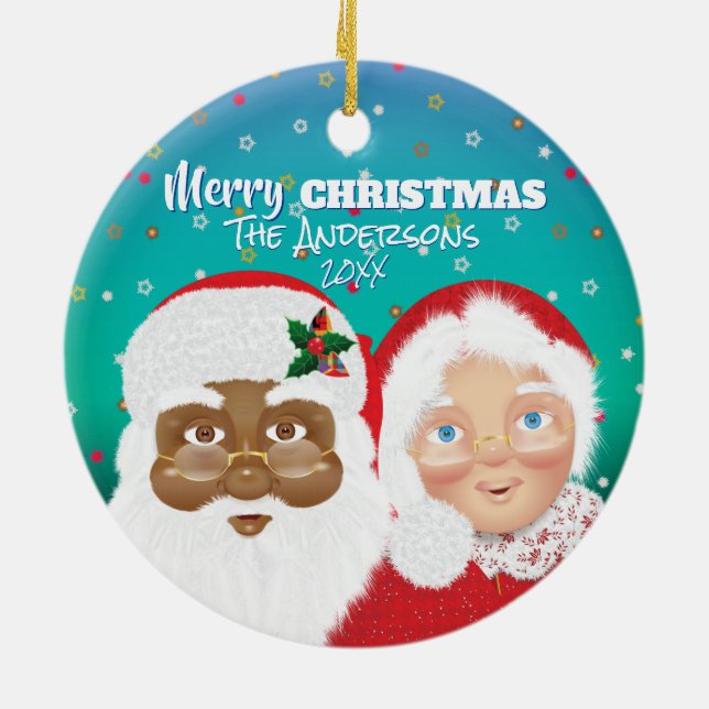 Santa and Mrs Claus Biracial Christmas Ceramic Ornament (Back)
