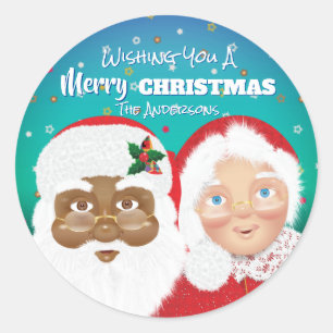 Santa and Mrs Claus Biracial Christmas Classic Round Sticker