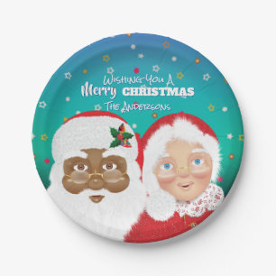 Santa and Mrs Claus Biracial Christmas Holiday Paper Plate