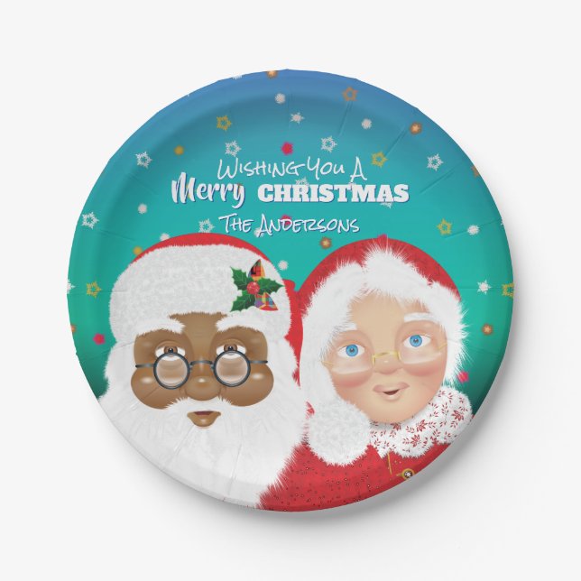 Santa and Mrs Claus Biracial Christmas Holiday Paper Plate (Front)