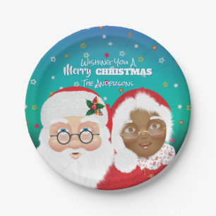 Santa and Mrs Claus Biracial Christmas Holiday Paper Plate