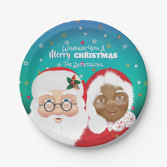Santa and Mrs Claus Biracial Christmas Holiday Paper Plate (Front)