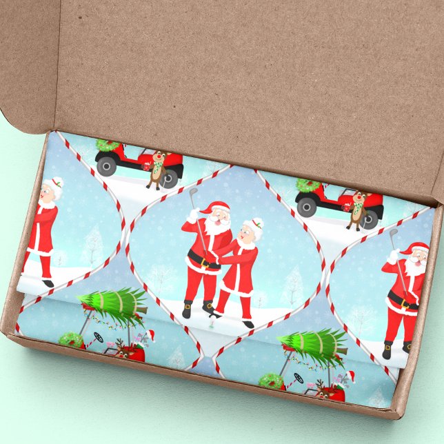 Santa And  Mrs. Claus Golfing Ogee Pattern Tissue Paper (Irresistible Festive Charm for Christmas Enthusiasts and Whimsy Golf Lovers tissue paper for gifts!)