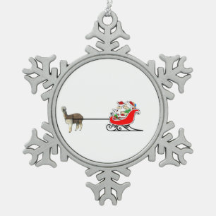 Santa And Mrs. Claus In Alpaca Sleigh Snowflake Pewter Christmas Ornament