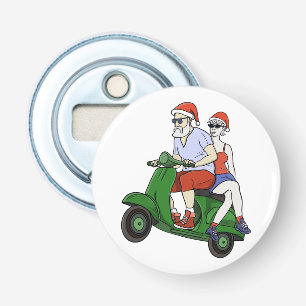 Santa and Mrs. Claus riding a scooter Bottle Opener