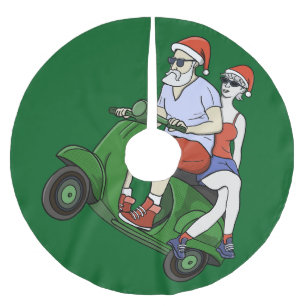 Santa and Mrs. Claus riding a scooter Brushed Polyester Tree Skirt