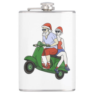 Santa and Mrs. Claus riding a scooter Hip Flask