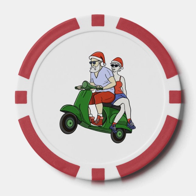 Santa and Mrs. Claus riding a scooter Poker Chips (Front)
