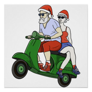 Santa and Mrs. Claus riding a scooter Poster
