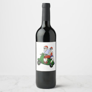 Santa and Mrs. Claus riding a scooter Wine Label
