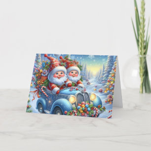 Santa and Mrs Claus Riding in Vintage Car Holiday Card
