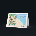 Santa and Reindeer Beach Vacation Christmas Holiday Card<br><div class="desc">Humourous Christmas Card. Cartoon of Santa and his reindeer on a sunny tropical beach vacation. Shirtless Santa Clause in red swimming trunks is riding the waves. One reindeer is running with a surfboard. Other reindeer are tanning or reading on the sand. The title is “Yule Tide.” Inside of card: “warmest...</div>