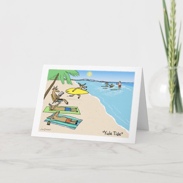 Santa and Reindeer Beach Vacation Christmas Holiday Card (Front)