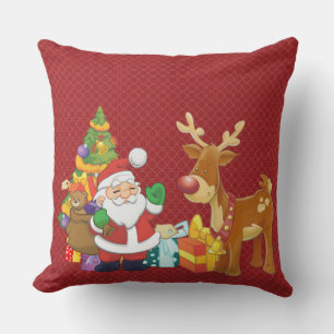 Santa and Reindeer by Christmas Tree with Presents Cushion