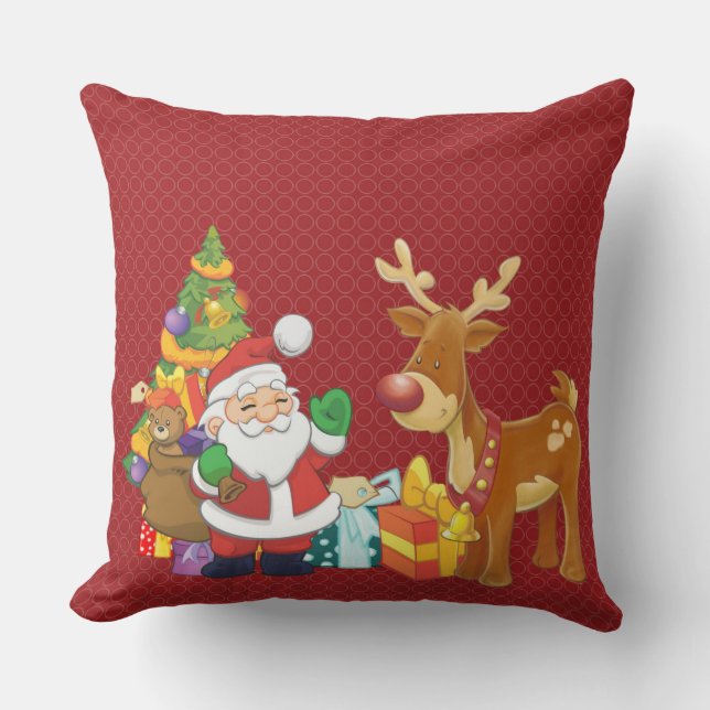 Santa and Reindeer by Christmas Tree with Presents Cushion (Front)