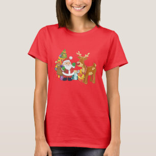 Santa and Reindeer by Christmas Tree with Presents T-Shirt
