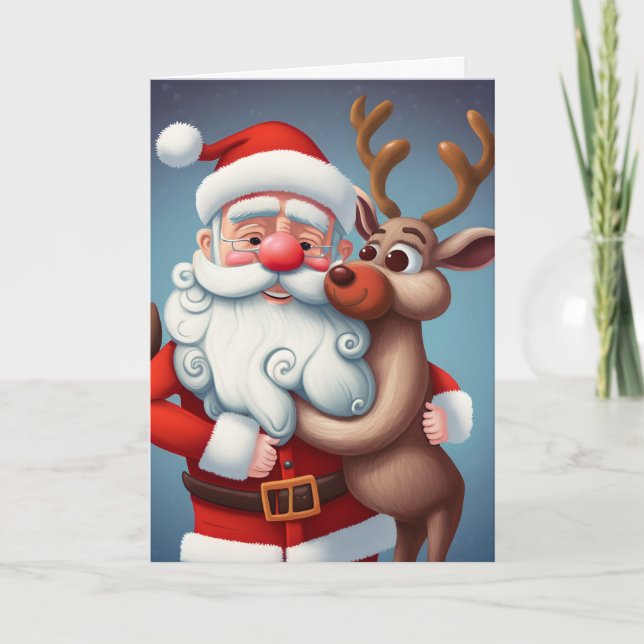 Santa and Reindeer Christmas Folded Greeting Card (Front)