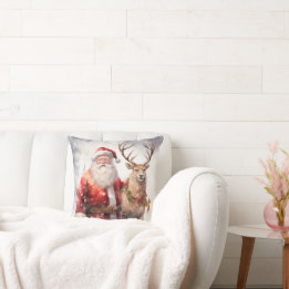 Santa and Reindeer Christmas Holiday Home Decor Cushion