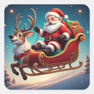 Santa And Reindeer Christmas Sleigh Artwork Square Sticker
