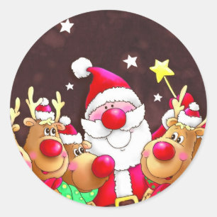 Santa and reindeer classic round sticker