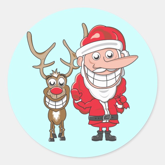 Santa and Reindeer Classic Round Sticker (Front)