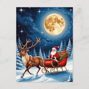 Santa And Reindeer Flying Across Moonlit Postcard