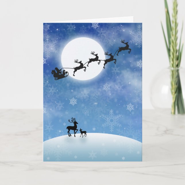 Santa and Reindeer Flying Full Moon Holiday Card (Front)