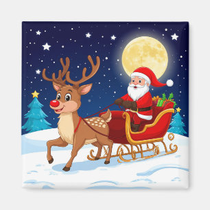Santa And Reindeer Flying Through Snowy Moonlit Magnet